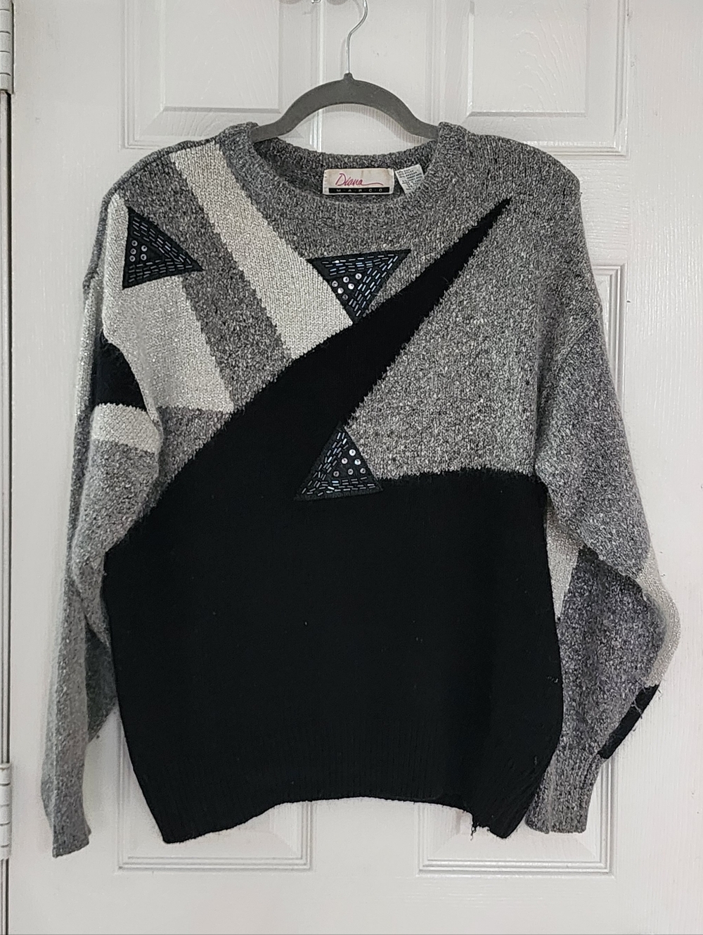 VTG Diana Marco Silk Angora Wool Beaded Geometric Sweater Gray Black L/XL